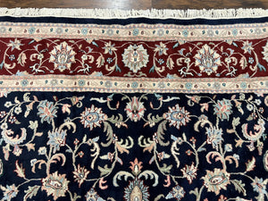 Indo Perisan Rug 9x12, Floral Allover, Midnight Blue and Dark Red Room Sized Carpet 9 x 12 ft, Hand Knotted Wool Vintage Indian Oriental Rug