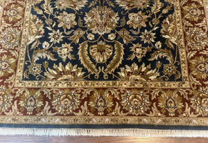 Indian Agra Rug 6x9, Floral, Traditional Rug, Dark Green Maroon Tan