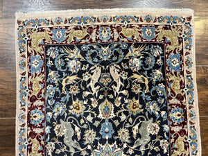 Wonderful Persian Isfahan Rug 2.4 x 4, Animal Pictorials Deer, Floral, Handmade Vintage Navy Blue Small Persian Carpet, Very Fine 430 KPSI Kork Wool