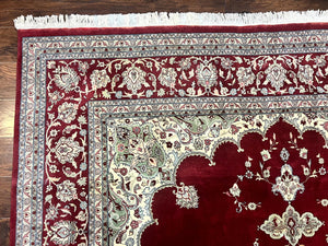Pak Persian Rug 9x12, Handmade Vintage Traditional Wool Carpet, Floral Medallion, Dark Red Ivory/Cream, Fine 250 KPSI