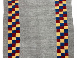 Gray Kilim Carpet, Yellow, Red, Blue Checkerboard Pattern, Flatweave, New, Geometric, Hand-Knotted, Wool, Turkish Area Rug, 5' 9" x 7' 9"