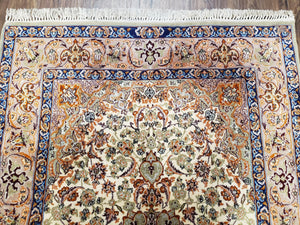 Vintage Persian Isfahan Lachak Toranj Rug, Highly Detailed, Kork Wool on Silk Foundation, Beige and Dark Blue, Hand-Knotted, 3'6" x 5' 4"