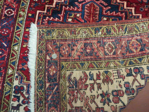 Persian Runner Rug, Heriz Runner Rug, Geometric Medallions, Red Cream Navy Blue Wool Hallway Rug 3.9 x 10.8 Antique Oriental Runner Handmade