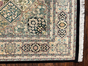 Pak Persian Kirman Rug 9x12, Panel Design Oriental Carpet 9 x 12 ft, Wool Hand Knotted Handmade Traditional Room Sized Vintage Rug, Green