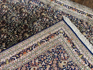 Silk Indian Kashmiri Rug 5x7, Navy Blue Indo Persian Silk Carpet 5 x 7 ft, Hand Knotted Handmade Very Fine Oriental Carpet, 450 KPSI, Birds