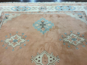 Turkish Oushak Rug 9x12, Wool Hand Knotted Vintage Carpet, Peach Cream Light Blue Room Sized Oriental Rug