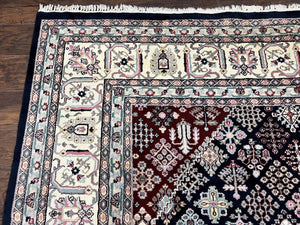Indo Persian Rug 10x14, Large Wool Hand Knotted Vintage Carpet, Navy Blue & Ivory, 10 x 14 Room Sized Traditional Oriental Rug