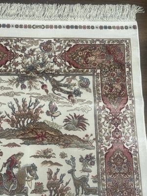 Turkish Silk Runner Rug 2.6 x 8, Hunting Design, Ivory, Bamboo Silk, New