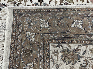 Indo Kirman Rug 8x12 Allover Floral Design, Ivory/Cream Brown, Vintage Handmade Hand Knotted Rug, Traditional Wool Persian Carpet 8 x 12