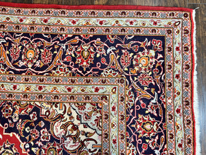 Persian Kashan Rug 10x13, Floral Medallion, Traditional Area Rug, Red Navy Blue Ivory, Handmade Semi Antique Vintage Wool Oriental Carpet 10 x 13
