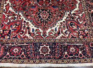 Persian Heriz Rug 8x12, Vintage Geometric Medallion Carpet, Semi Antique Wool Handmade Room Sized Oriental Rug 8 x 12, Red Dark Blue Ivory
