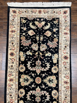 Sino Persian Short Runner Rug 2.7 x 6, Wool and Silk Highlights Black and Beige Handmade Vintage Floral Allover Oriental Carpet, Hallway Rug