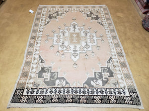 Antique Moroccan Rug 5x7 Tribal Carpet, Hand-Knotted Soft Wool Pile, 5 x 7 Area Rug, Berber Rug, Geometric Open Field Medallion, Pink Ivory