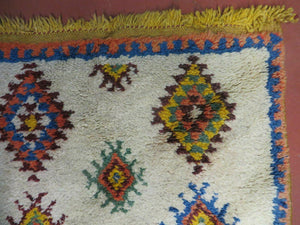 Moroccan Wide Runner Rug 3' 6" x 9', Vintage Azilal Berber Carpet Tribal Runner, Colorful Diamonds Ivory Orange Yellow, Soft Wool Handmade
