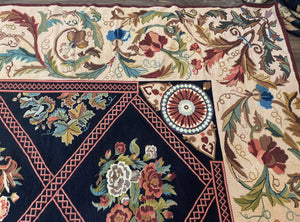 Palace Size Needlepoint Rug 12x20, European French English Aubusson Floral Design, Black and Beige