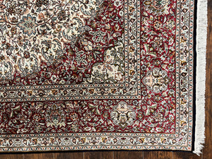 Silk Indian Kashmiri Rug 9 x 11 ft, Room Sized Silk Vintage Indo Persian Handmade Hand Knotted Fine Oriental Carpet, Ivory and Maroon