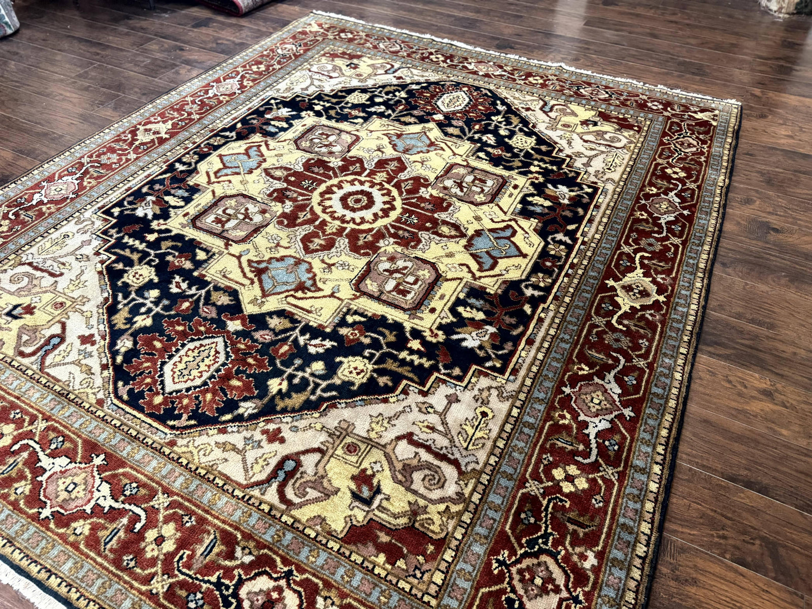 Indo Persian Heriz Rug 8x10, Geometric Medallion, Serapi Carpet, Wool Vintage Rug