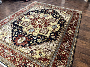Indo Persian Heriz Rug 8x10, Geometric Medallion, Serapi Carpet, Wool Vintage Rug