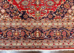 Persian Kashan Rug 10x13, Floral Medallion, Traditional Area Rug, Red Navy Blue Ivory, Handmade Semi Antique Vintage Wool Oriental Carpet 10 x 13