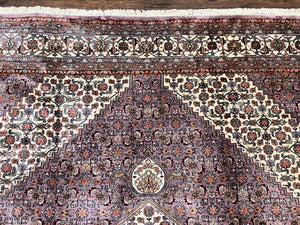 Indo Persian Bidjar Rug 8x10, Purple and Ivory Hand Knotted Wool Vintage Oriental Carpet, Herati Mahi Pattern, 8 x 10 Traditional Fine Rug