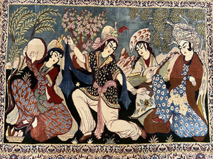 Persian Pictorial Rug 5 x 4 ft, Persian Isfahan Rug, Kork Wool on Silk Foundation, Signature from Master Weaver, Drums and Musical Instruments, Birds, Detailed