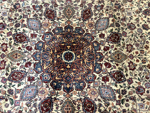 Persian Mashad Rug 10x16, Palace Size Handmade Wool Carpet, Cream Red, Floral Medallion, Vintage