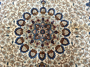 Persian Kashan Rug 9 x 12.6, Ivory and Blue, Floral Medallion, Wool Hand Knotted Semi Antique Carpet