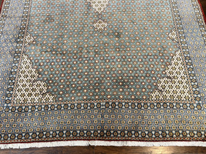 Rare Persian Rug 8x12, Qum Rug, Repeated Star Motifs, Blue and Ivory, Fine 300 KPSI, Hand Knotted Handmade Vintage Wool Rug