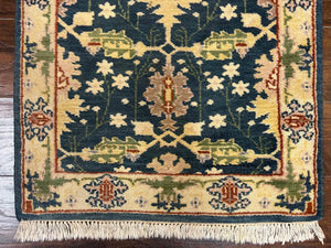 Indian Runner Rug 2.6 x 12, Navy Blue Beige Oriental Runner Rug 12ft Long, Narrow Hallway Runner, Wool Hand Knotted Indo Persian Mahal Rug