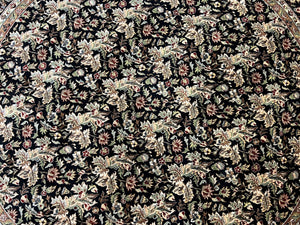 Round Oriental Rug 8x8 ft, William Morris Floral Pattern Carpet, 8 x 8 ft Round Rug, Black Cream and Tan 8ft Round Handmade Indo Persian Rug