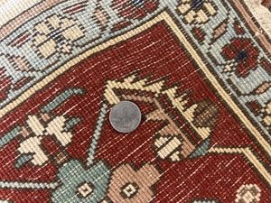 Indo Heriz Rug 9x12, Geometric Indo Persian Room Sized Decorative Area Rug 9 x 12 ft, Cream Navy Blue Pink Handmade Vintage Wool Carpet