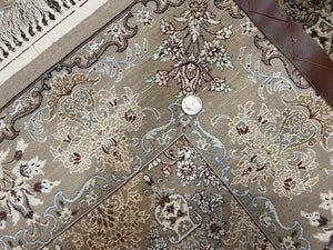 Super Fine Persian Isfahan Rug 3x5 ft, Kork Wool on Silk Foundation, Repeated Floral Motif, Taupe Tan Hand Knotted Oriental Carpet 3 x 5 ft, Signed