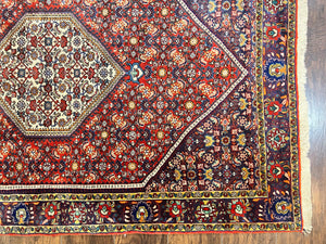Persian Bidjar Rug 4x6, Handmade Oriental Carpet, Fine Weave, Herati Mahi Pattern, Vintage, Red, 300 KPSI