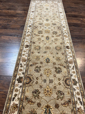Peshawar Runner Rug 3 x 20, Wool Hand Knotted Vintage Pakistani Carpet, Olive Green & Ivory, Extra Long 20ft Hallway Runner, Floral