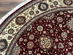 Round Sino Persian Rug 9x9, Burgundy and Cream, Floral, Wool and Silk, 9ft Round Carpet
