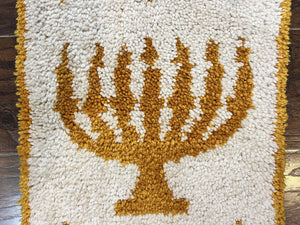 Unique Judaica Wall Hanging Rug 1.5 x 4, Shalom Menorah Jewish Star Kiddush Cup Chai Wall Hanging, Vintage, Wool, Ivory and Orange