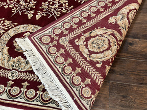 Aubusson Rug 9x12, Wool Handmade Carpet, Elegant French European Design, Dark Maroon Red, 9 x 12 Room Sized Rug, Finely Hand Knotted