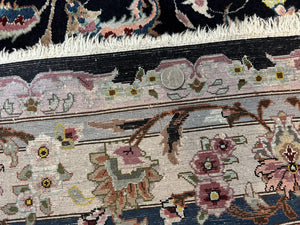 Magnificent Persian Tabriz Rug 11x16, Oversized Persian Carpet 11 x 16 ft, Wool on Silk Finely Hand Knotted, 450 KPSI, Floral Medallion, Black Pink