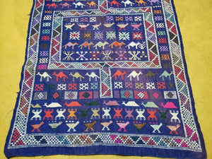 3' X 7' Vintage Handmade Indian Wool Kilim Flat weave Rug Camel Birds Blue Geometric Short Runner