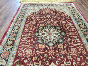 3x5 Silk Hand-Knotted Rug, Silk Oriental Carpet 5 x 3, Red & Ivory, Floral Medallion, Gold Fringes, Semi Antique Vintage Traditional Rug
