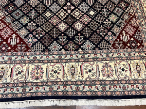 Indo Persian Rug 10x14, Large Wool Hand Knotted Vintage Carpet, Navy Blue & Ivory, 10 x 14 Room Sized Traditional Oriental Rug