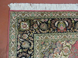 Persian Tabriz Rug 7x10, Floral Medallion Finely Hand Knotted Vintage Authentic Oriental Carpet 7 x 10, Salmon Color, 400 KPSI Elegant, Wool & Silk