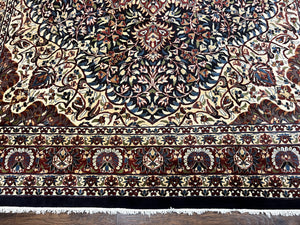 Indo Persian Rug 9x13, Floral Medallion, Midnight Blue & Burgundy, Hand Knotted Vintage Room Sized Traditional Wool Oriental Carpet