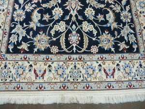 Persian Nain Rug 4x7, Navy Blue and Ivory, Handmade, Wool & Silk Highlights, Fine Oriental Rug, Vintage