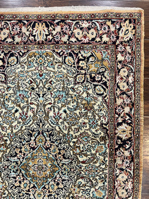 Silk Persian Qum Rug 4x5, Hand Knotted Vintage Carpet, Cream & Navy Blue, Silk Pile on Silk Foundation, Very Fine 360 KPSI