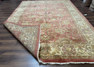Indian Rug 8x11, Coral and Beige, Floral, Traditional Vintage Wool Carpet
