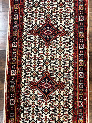 Indo Persian Bidjar Runner Rug 2.8 x 10, Vintage Rug for Hallway, 10ft Runner, Wool Handmade Ivory and Red, Medallions