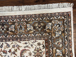 Indo Kirman Rug 8x12 Allover Floral Design, Ivory/Cream Brown, Vintage Handmade Hand Knotted Rug, Traditional Wool Persian Carpet 8 x 12