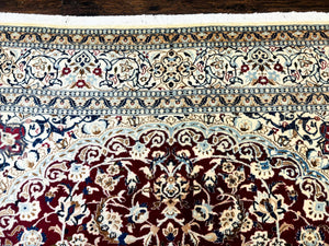 Persian Nain Rug 8x11, Wool and Silk Highlights, Burgundy & Ivory