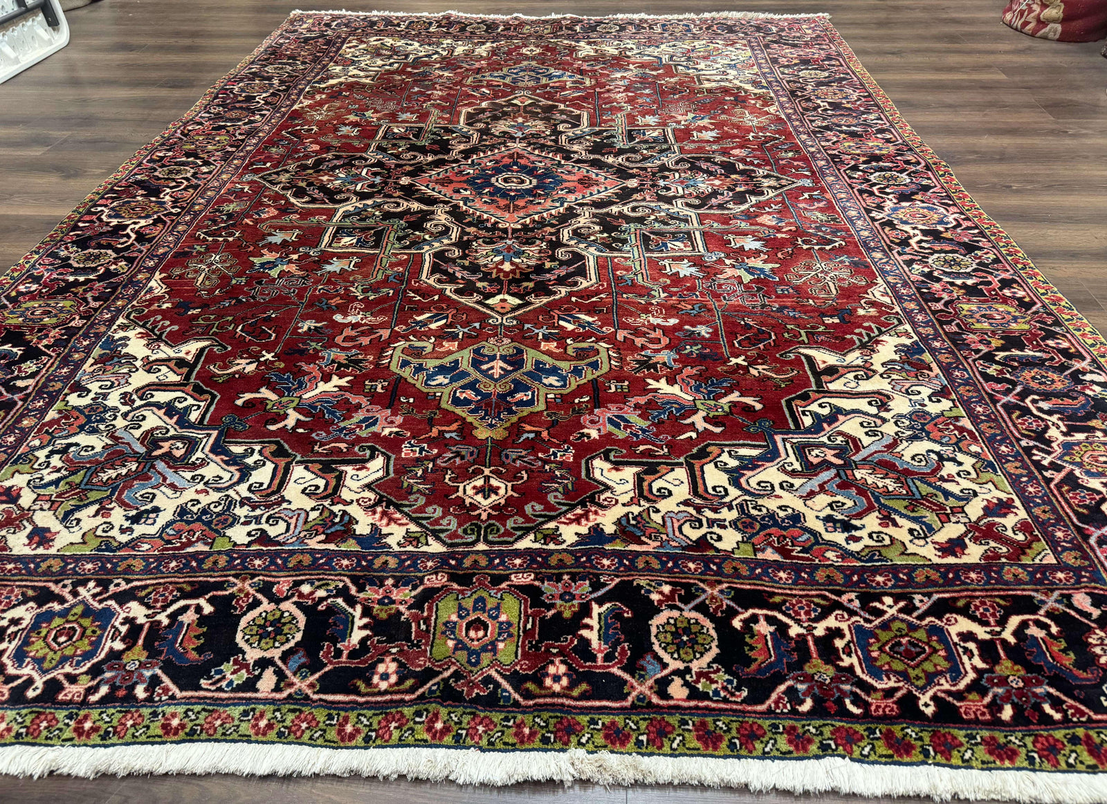 Antique Persian Heriz Rug 8x11, Geometric Tribal Wool Carpet, Brick Red